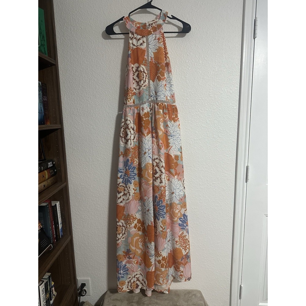 Halter Maxi Dress L Cut Out Floral Orange White Tropical Resort Vacation